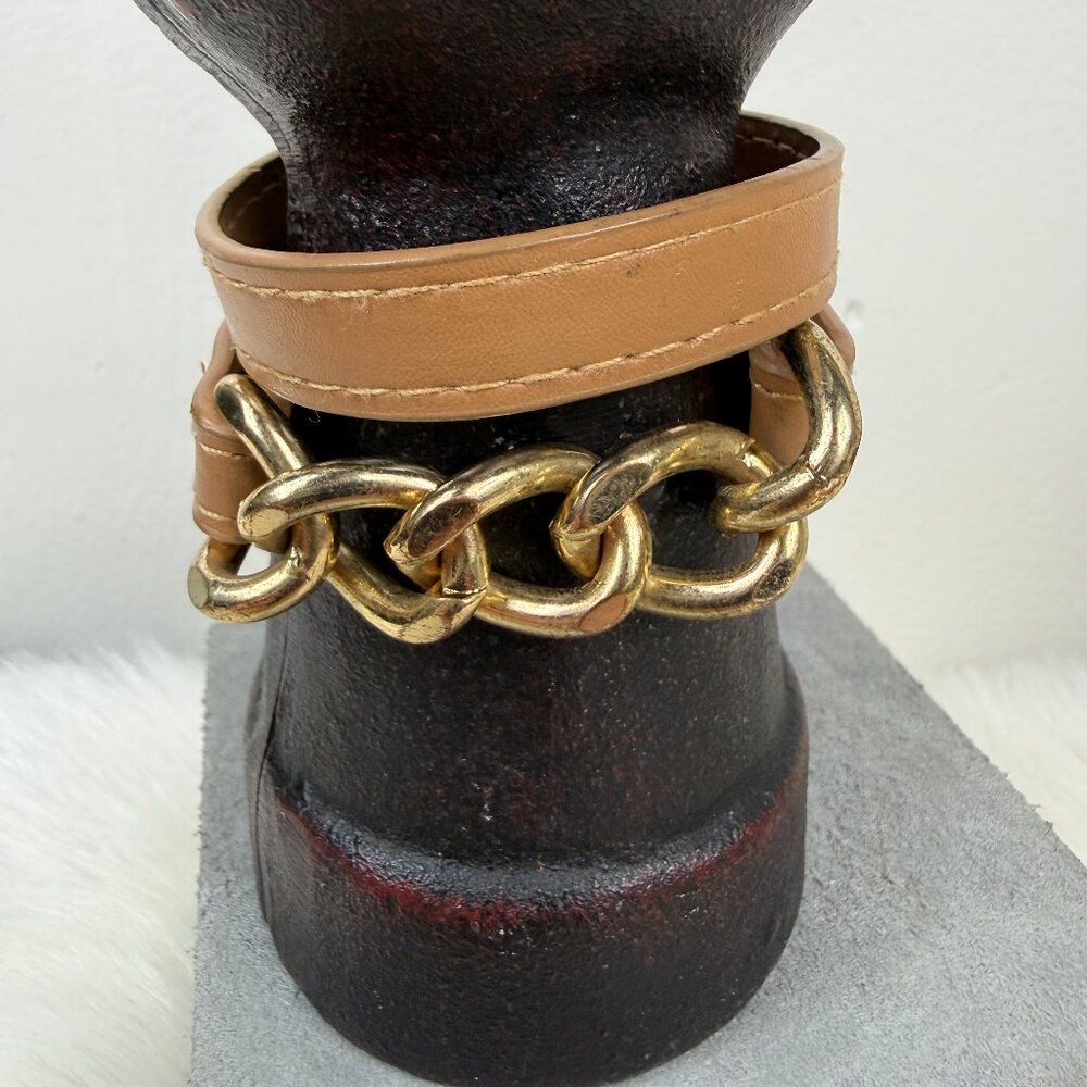 Tan Leather w/ Gold Tone Chain Cuff Bracelet w/ Magnetic Clasp